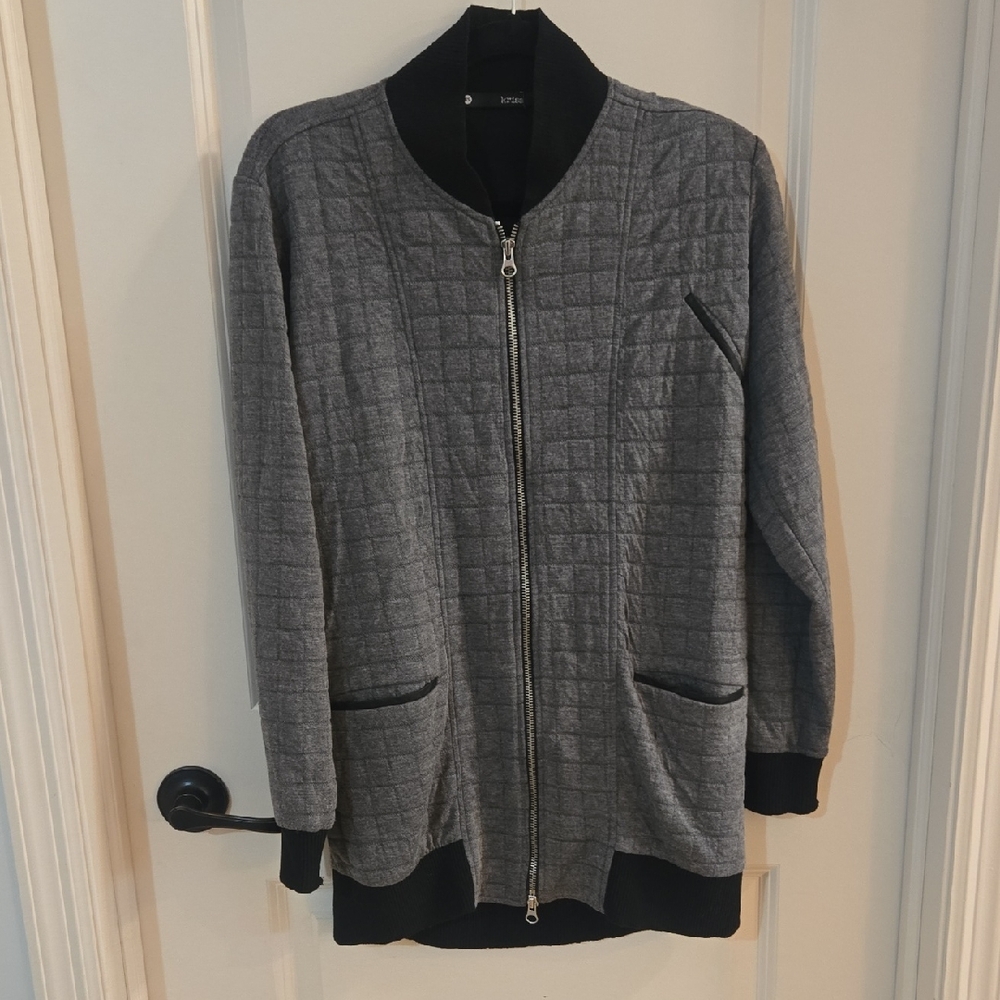 KRISA Gray Quilted Bomber Jacket With Black Ribbed Trim & Double Zipper, Size XS